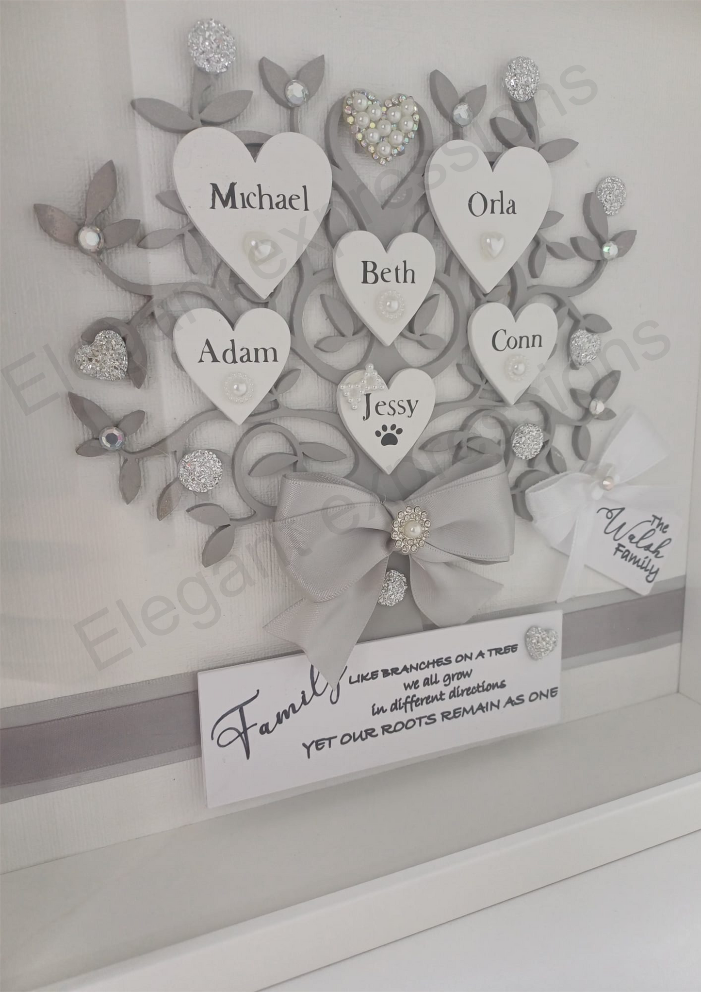 White framed personalised family tree shadow box [Grey themed]