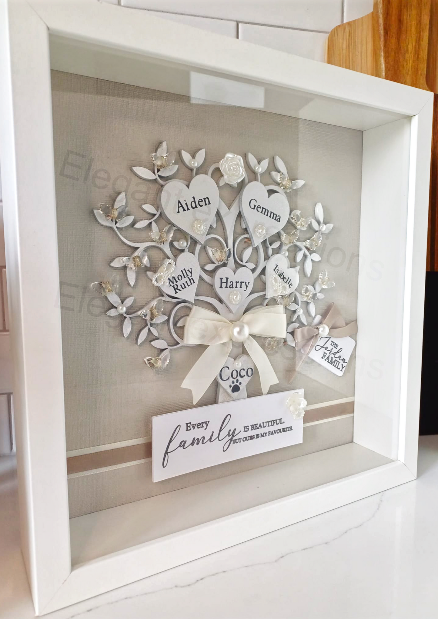 White framed personalised family shadow box [Cream themed]