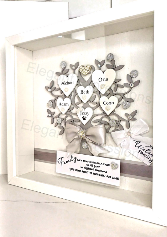 White framed personalised family tree shadow box [Grey themed]
